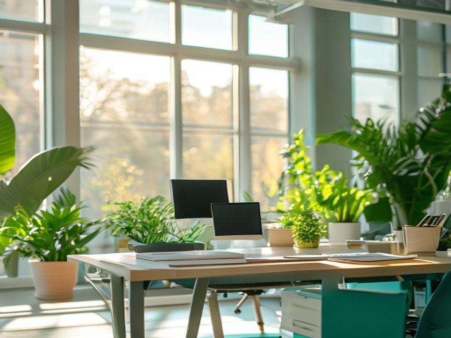 Bright morning light in office space with employees settling into their workstations
